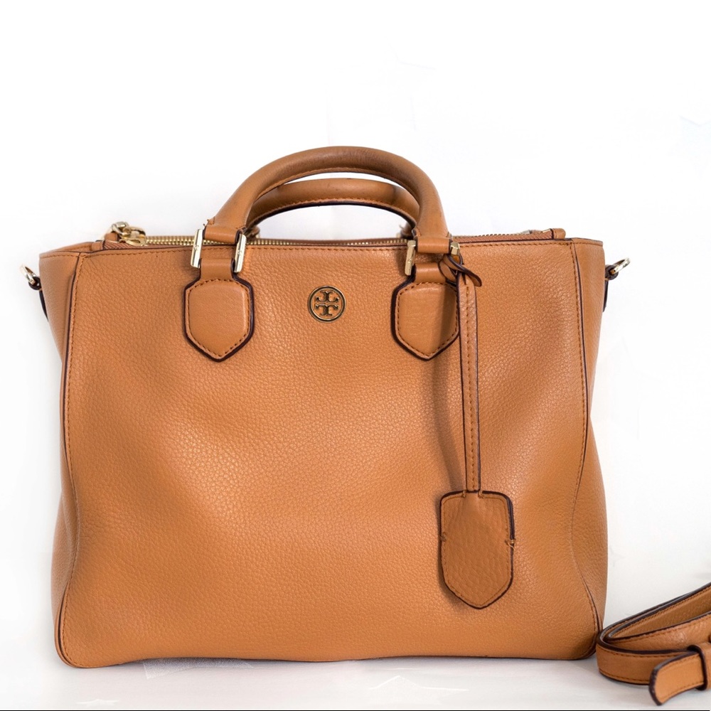 Tory Burch Robinson Pebbled Leather Squared Tote Tan brown